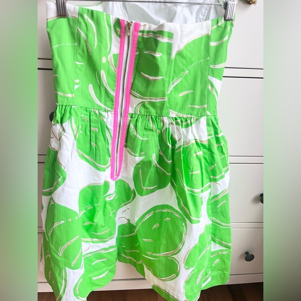 Lilly Pulitzer Lottie Stinger Print Strapless Dress Green, White and Gold Sz 8